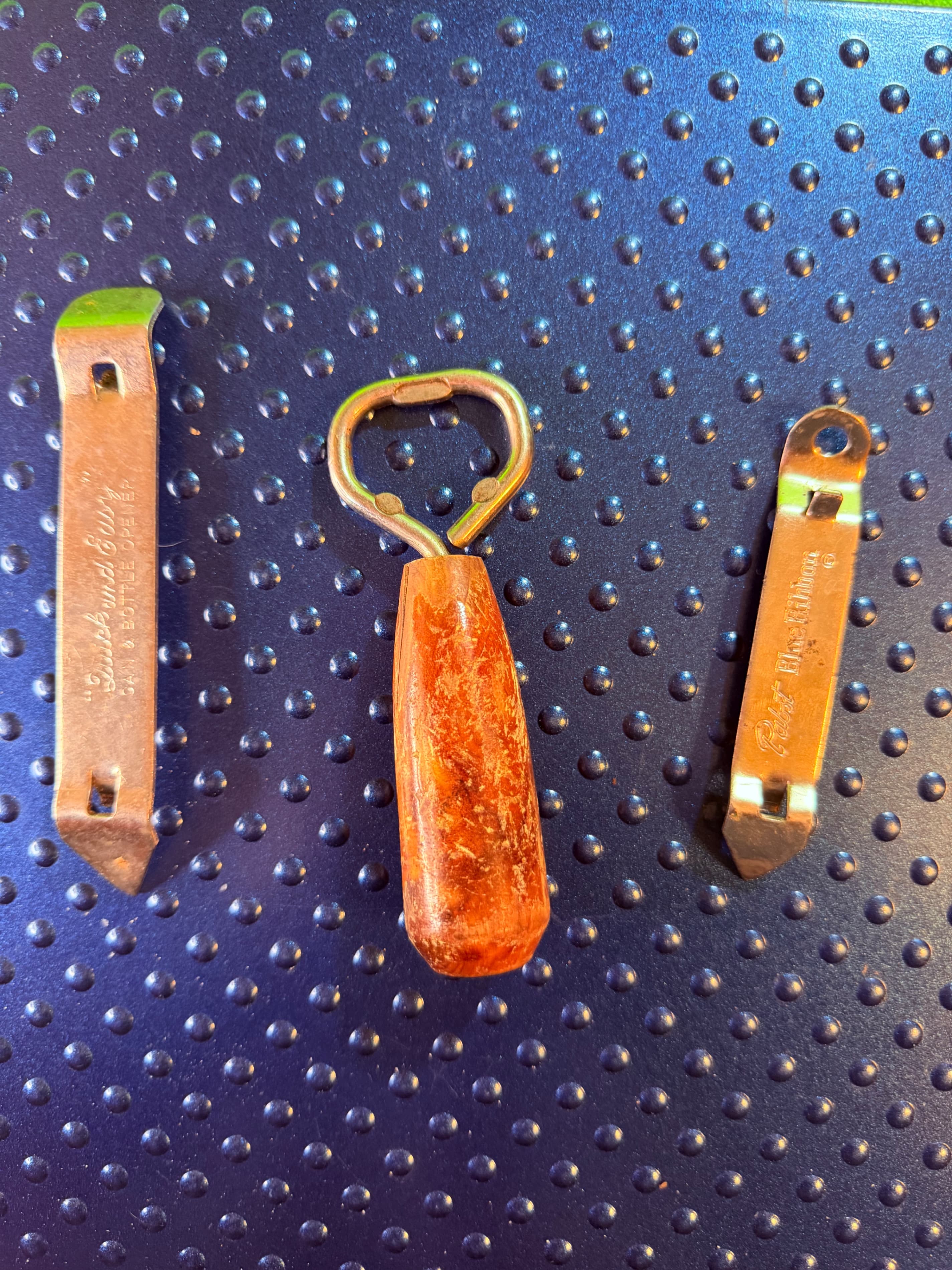 Pabst Blue Ribbon Bottle Opener Lot of 3 Beer Bar Tools Wood Handle Vintage