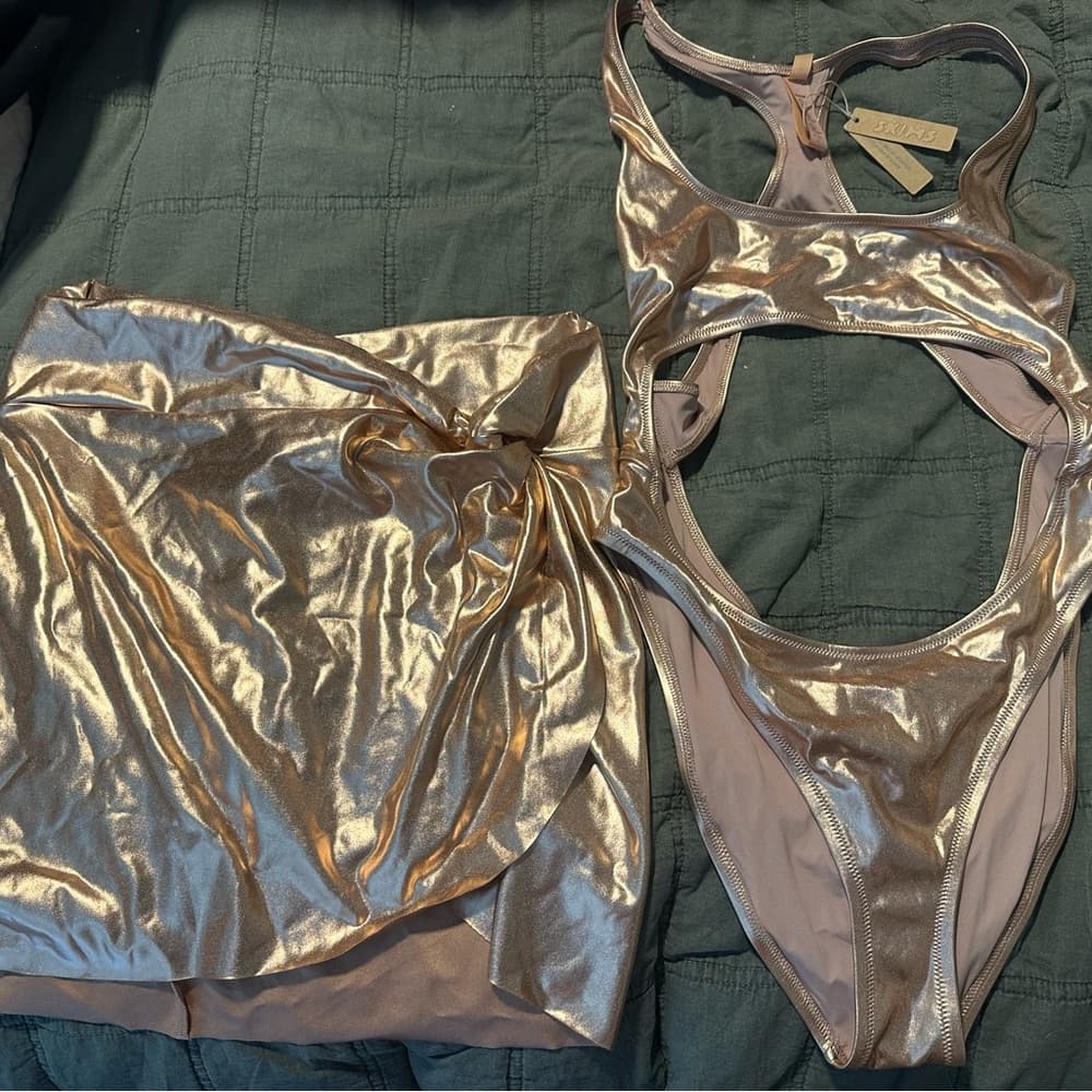 SKIMS Metallic Bronze One Piece Swimsuit