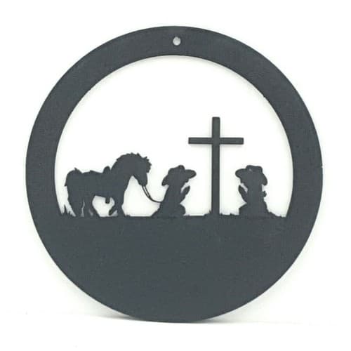 Silhouette Praying Cowboy Cowgirl Children Round Small Sign Cross Pony
