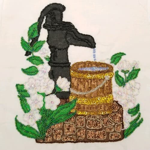 Hand Crafted Bead Work Vintage Black Water Pump Flowers Hand Stitched Made Craft