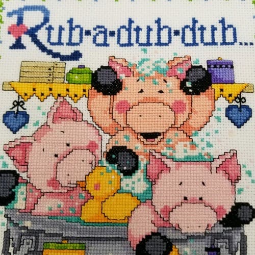 Hand Crafted Cross Stitch Bath Pigs Bathroom Decor Needlework Rub A Dub Suds