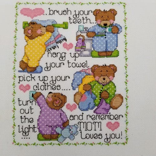 Hand Crafted Cross Stitch Bath Bears Bathroom Decor Rules Needlework Brush Teeth