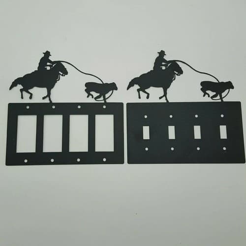 Cowboy Roping Calf Black Quadruplet Switch & Toggle Plates Country Western Cabin