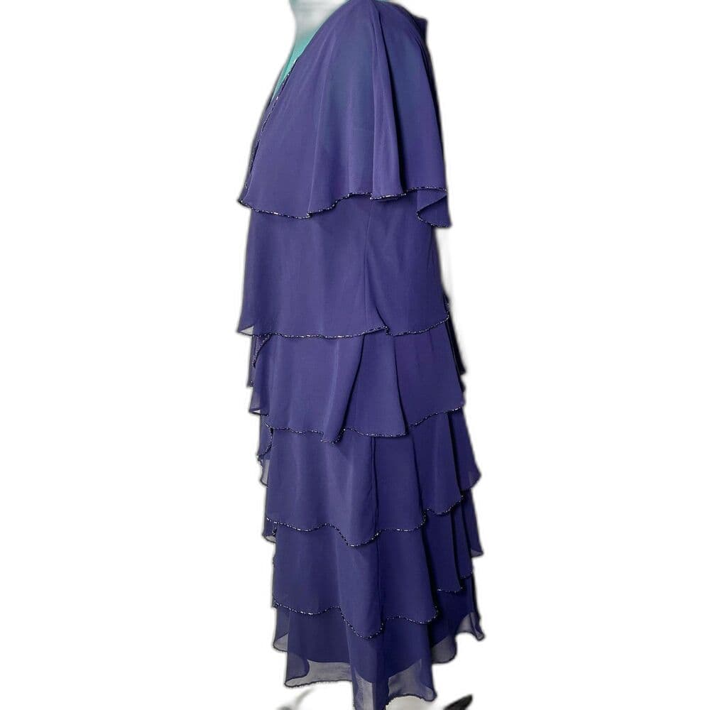 Patra Navy Tiered Evening Dress w/ Beaded Scallop Layers Size 18 Mother of Bride