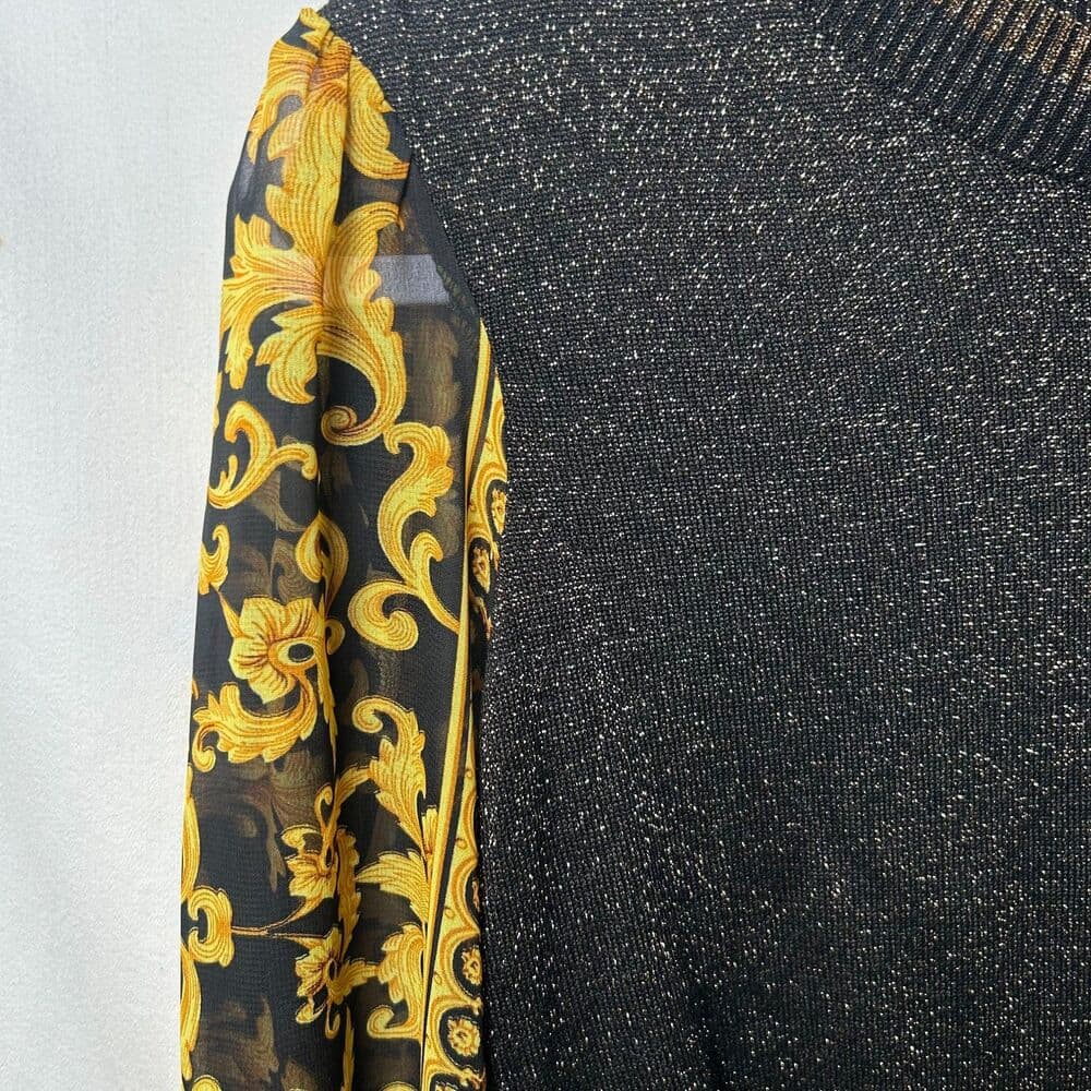 Fate black sparkle top w/ sheer couture-patterned sleeves size Small