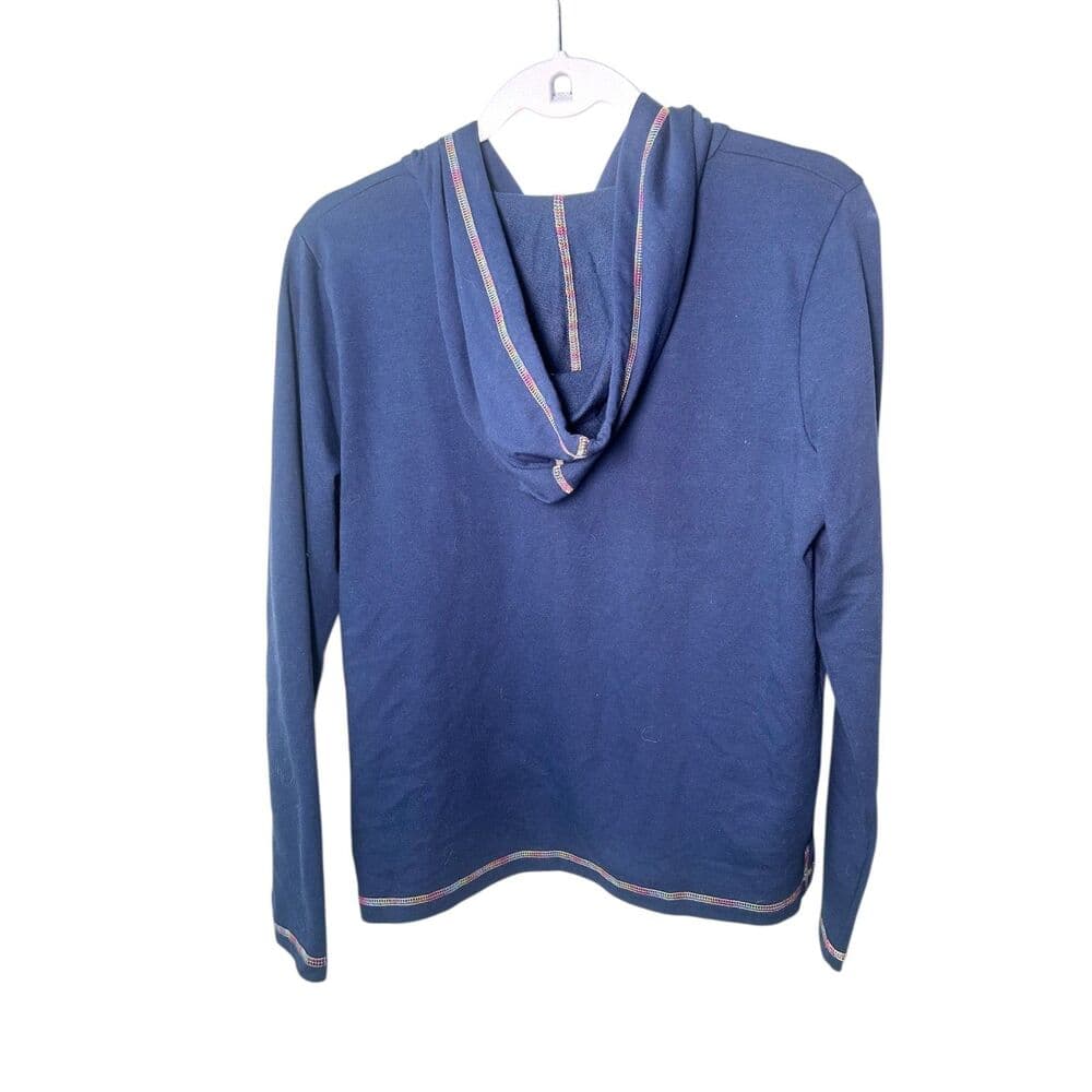 J. Crew blue pullover hooded sweatshirt with rainbow stitching Small