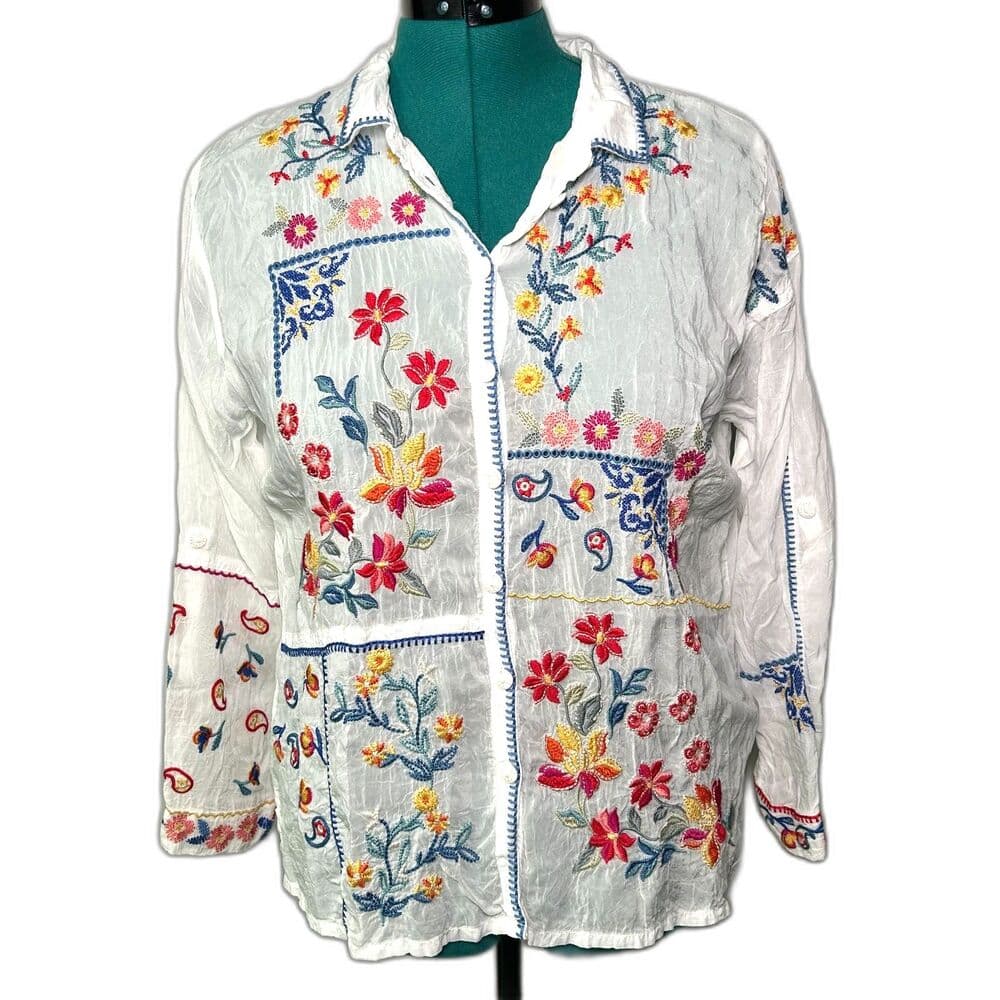 Johnny Was Zodea Almeria White Embroidered Button Front Top PL