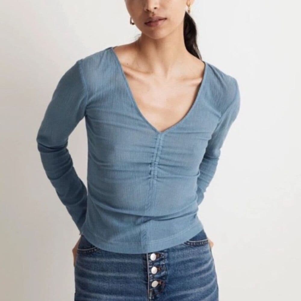 Madewell Semisheer Shirred V-Neck 100% Cotton Top Tranquil Lake Blue Size S
