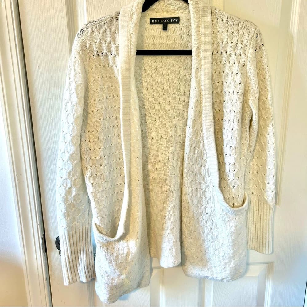 Brixon Ivy white open front cable knit cardigan with pockets size small