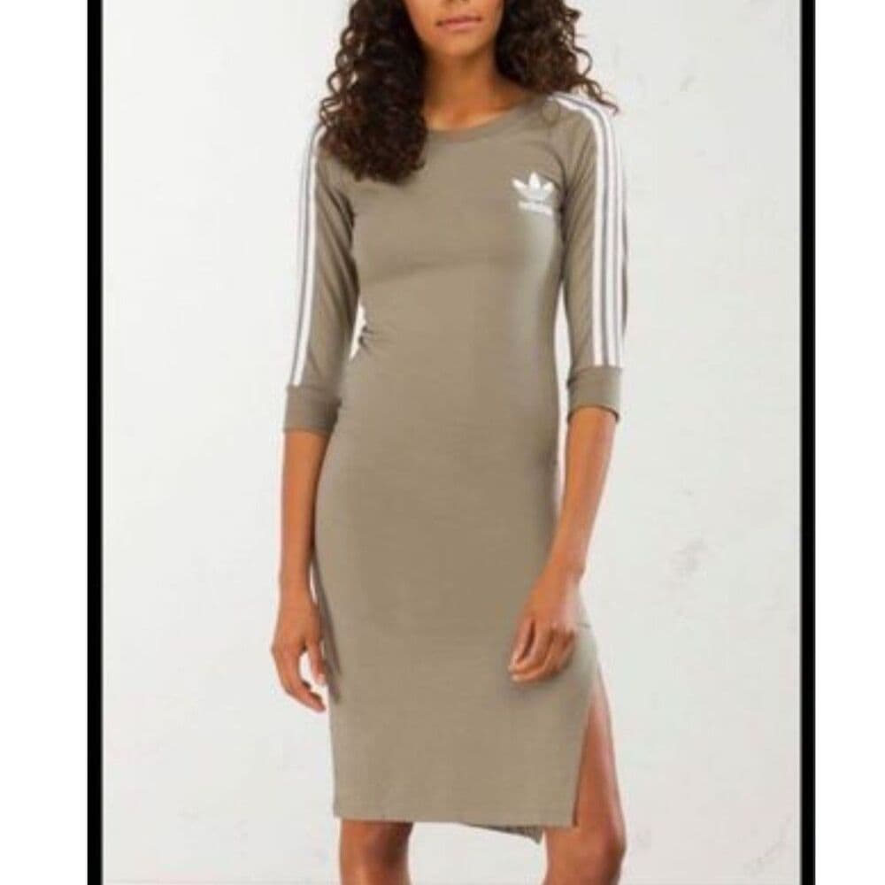 Adidas 3 Stripe Olive Green cotton blend Small Midi Dress Sporty Spice