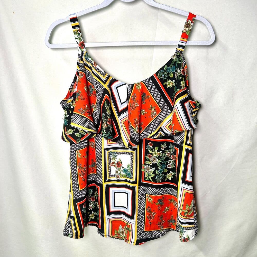 New York & Co bold scarf-print cold-shoulder tomato girl top Medium