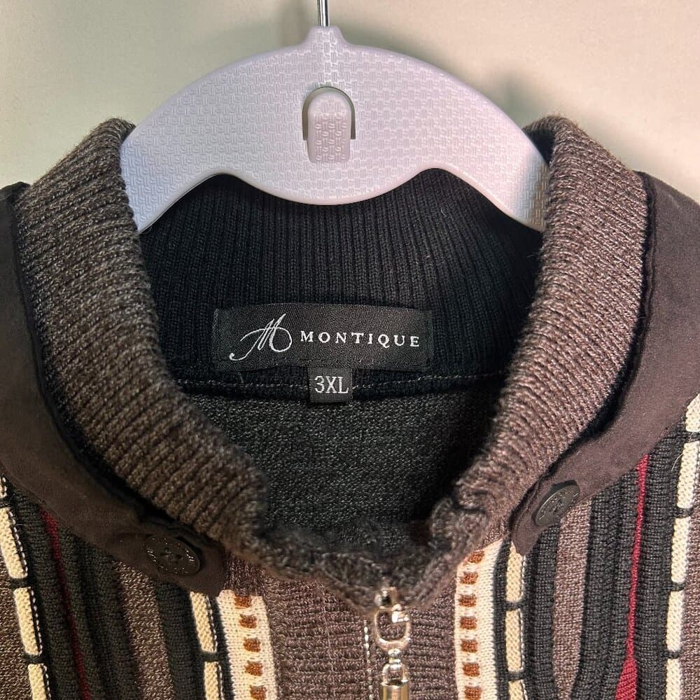 Montique Vintage 90s Full Zip Eclect Grandpa Cardigan brown and tan Academia 3XL