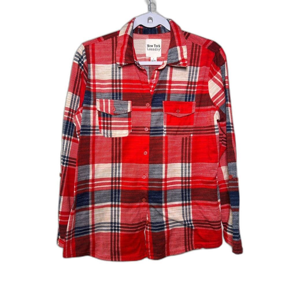 New York Laundry red, white, and blue plaid flannel button-down shirt Large
