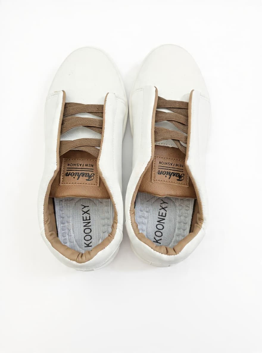 KOONEXY Men's Slip-On Sneakers Off White/Khaki – Elastic Laces