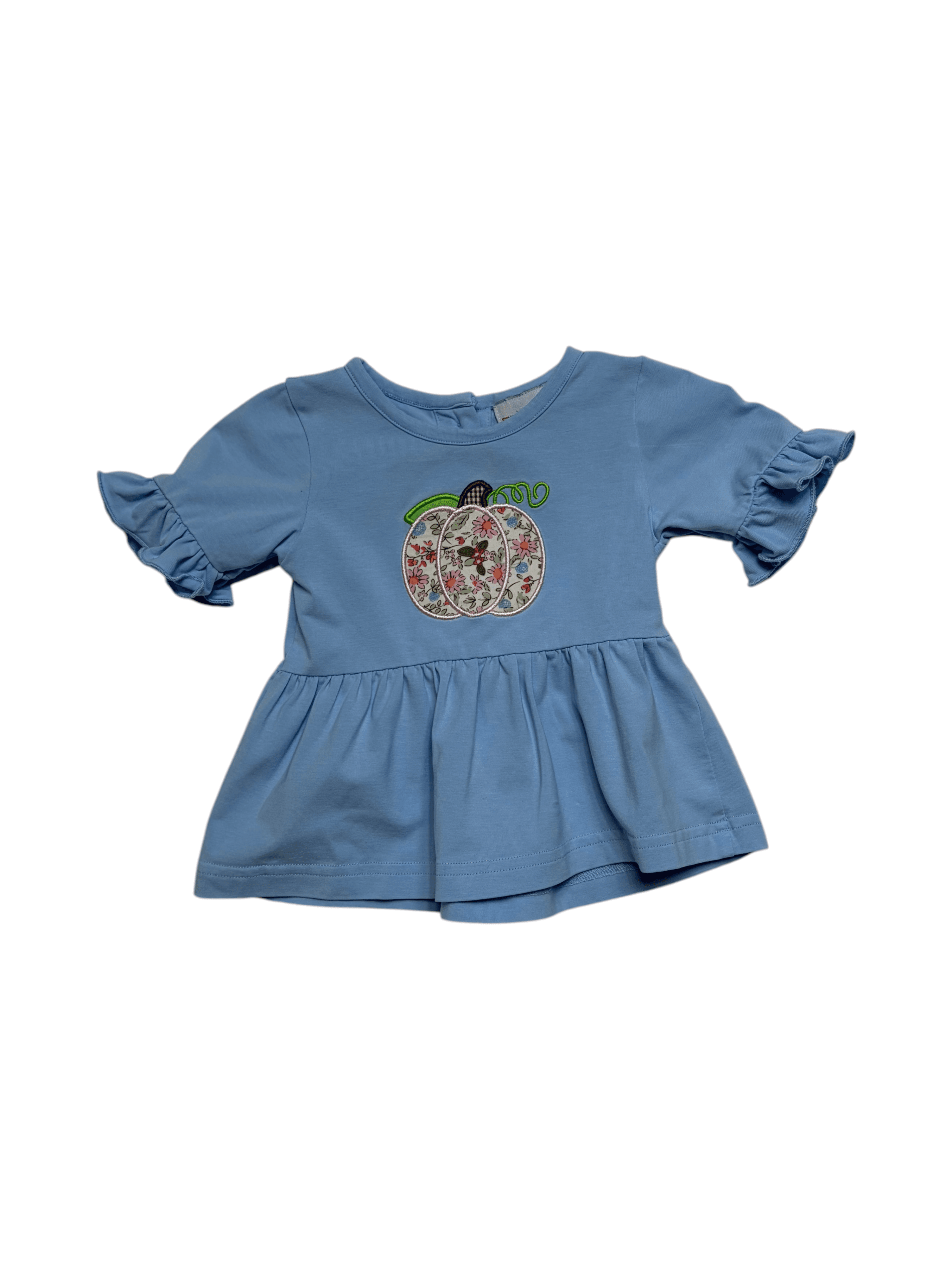Smocking Dog Size 3 months Blue Ruffle Sleeve Top with Pumpkin Appliqué