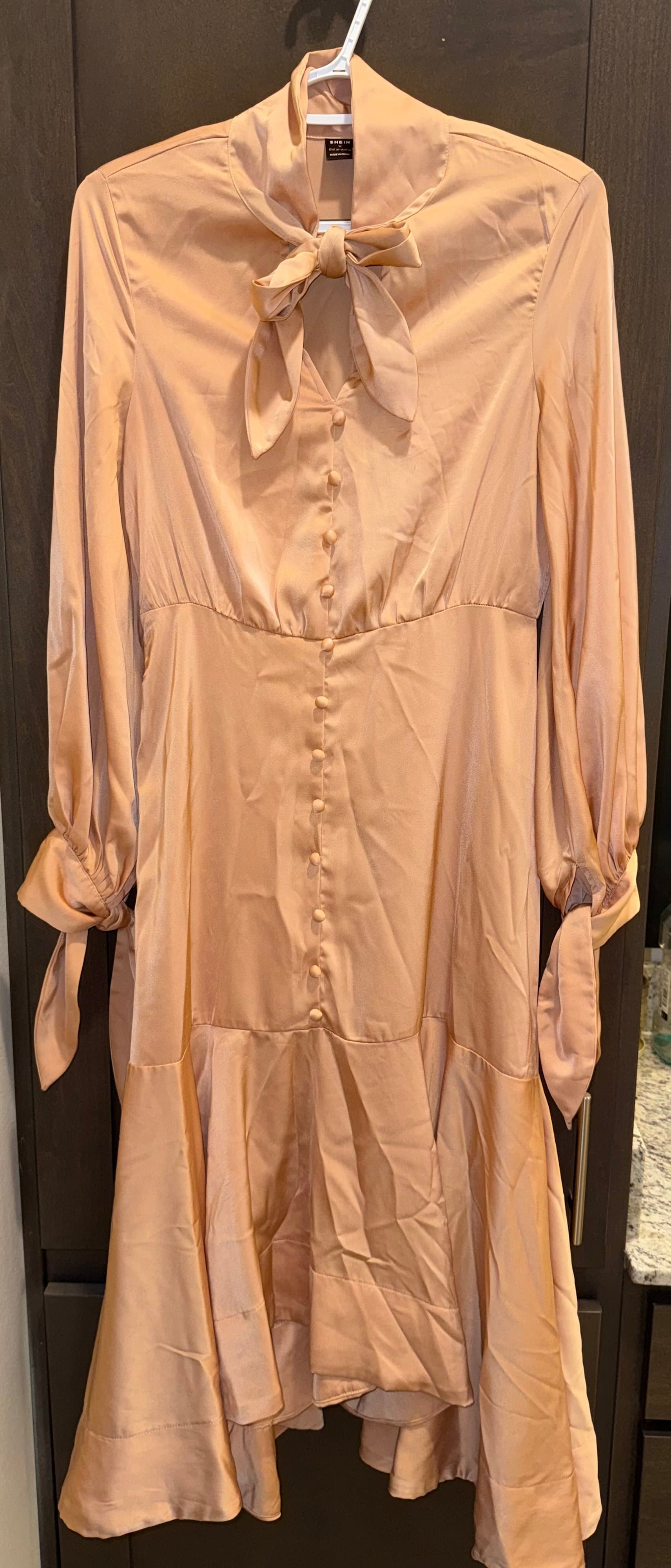 Shein Peach Button-Down Dress with Bow Tie Neck Size S