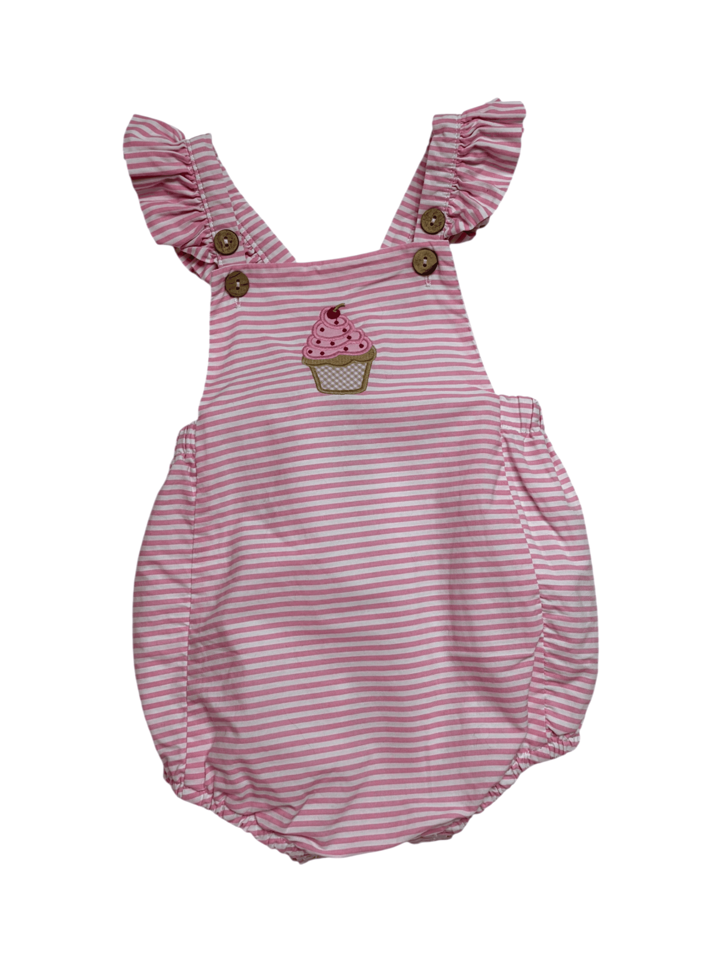 Lil Cactus size 18-24 months Pink Striped Baby Romper with Cupcake Embroidery