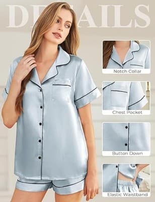 Satin Pajama Set Women 2 Piece Short Sleeve Button Down Shorts — Size L