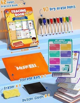 Kids Trace & Erase Learning Book – 62 Pages | Alphabet, Numbers & Shapes