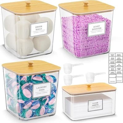 4-Piece Clear Laundry Storage Set — Containers + Dryer Sheet Holder + Labels