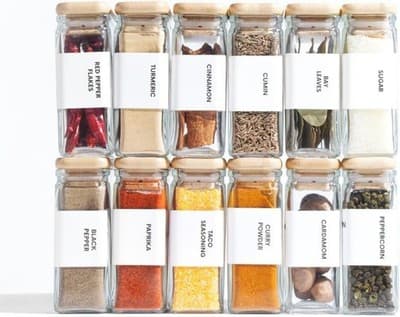 Glass Spice Jars Set with Bamboo Lids - Clear Square Bottles