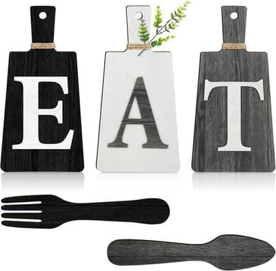 Wooden Kitchen Wall Decor Set 'EAT' with Fork and Spoon - Black, White, Gray