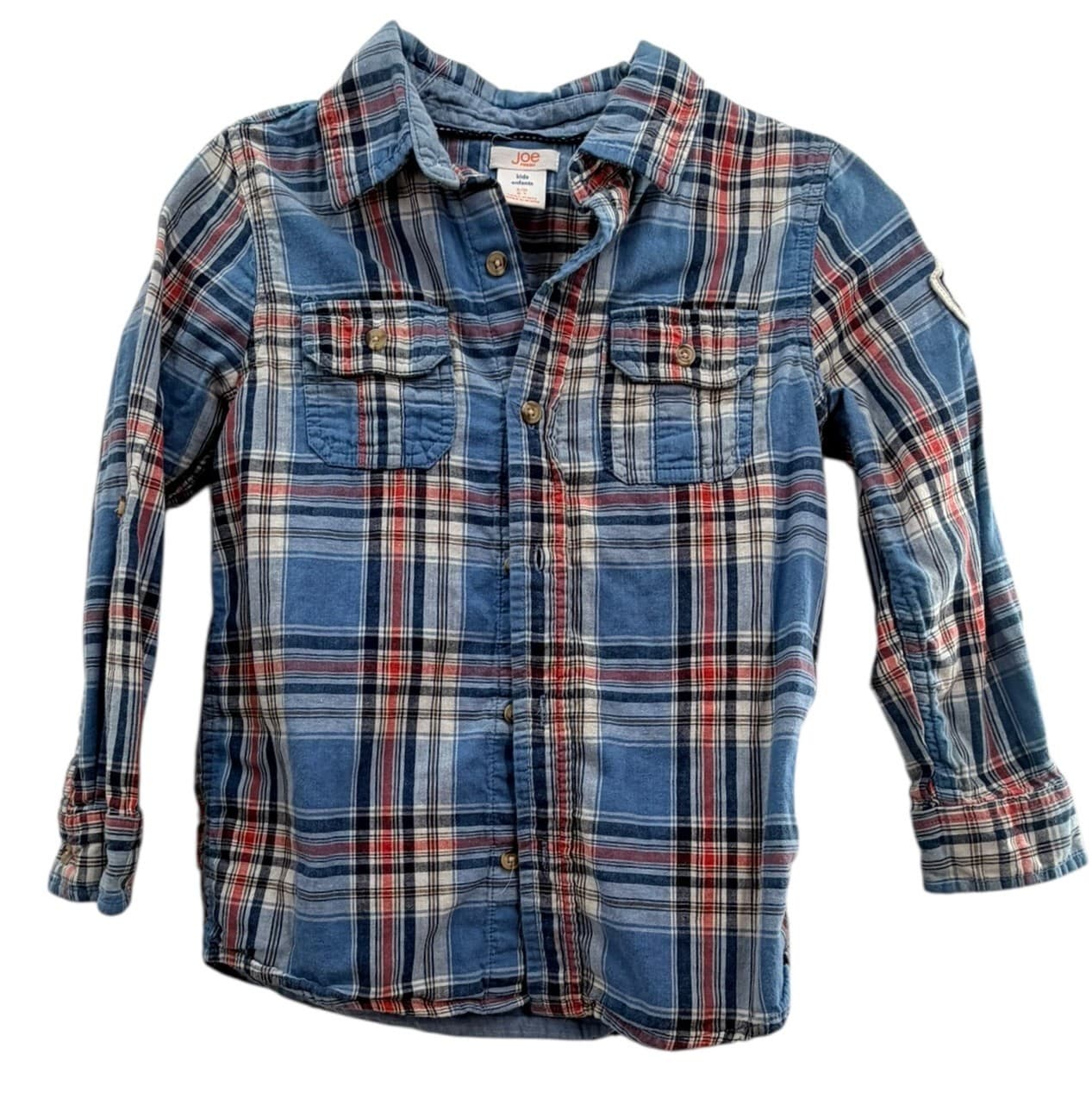 Joe Fresh Kids Blue Red Plaid Flannel Button Down Shirt Size S 6-7