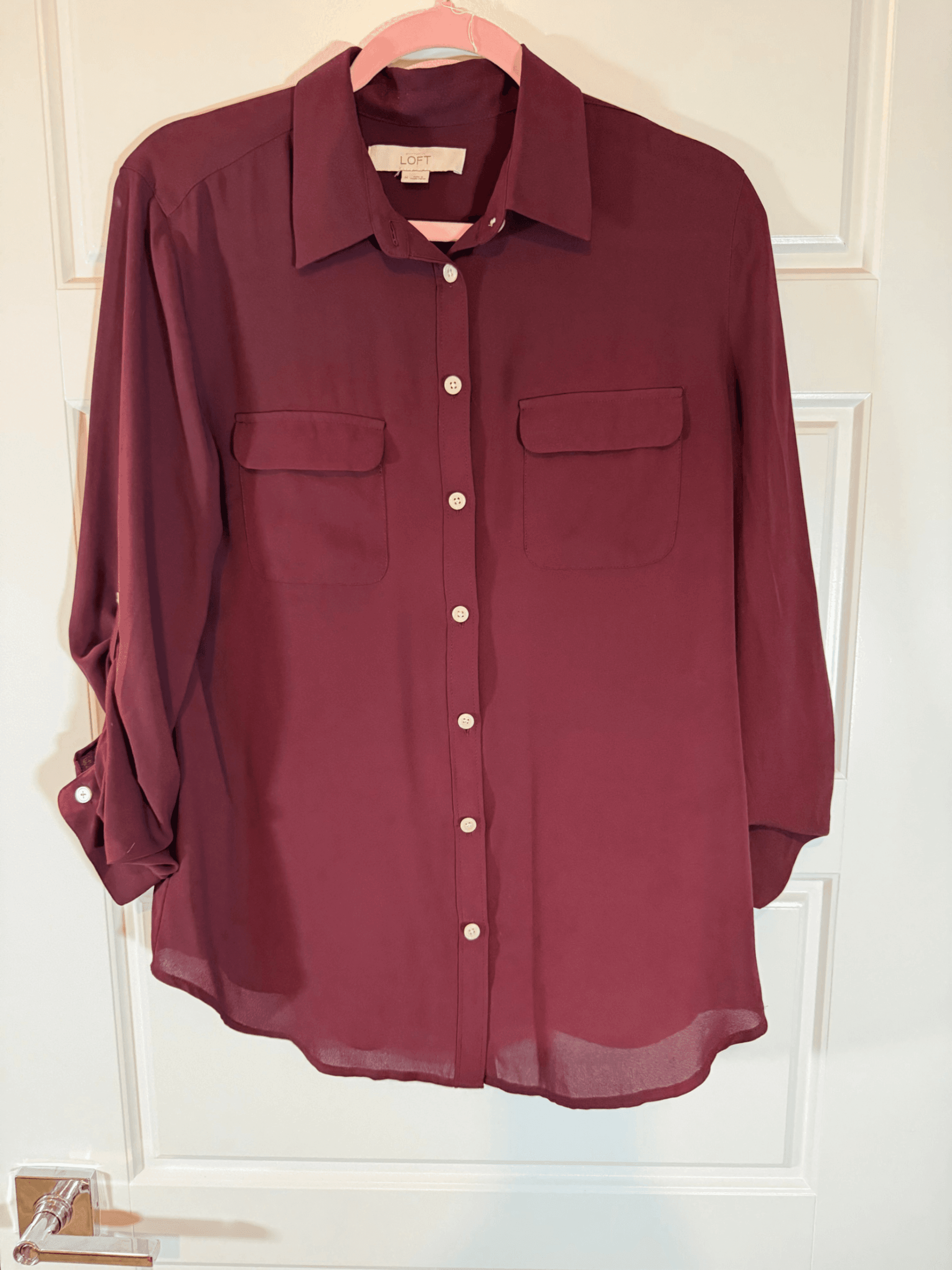 LOFT Sheer Button-Up Blouse Maroon Size M
