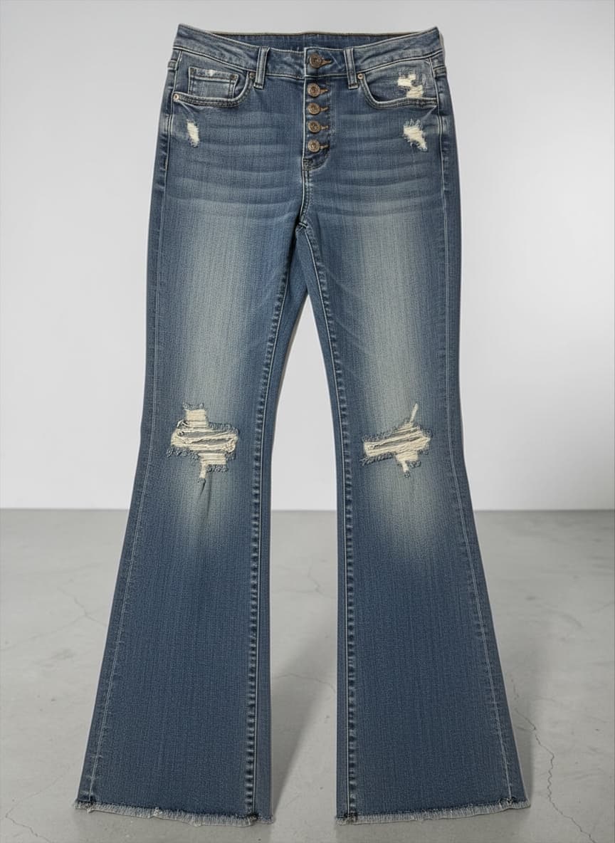 Flying Monkey Distressed Flare Jeans with Button Fly