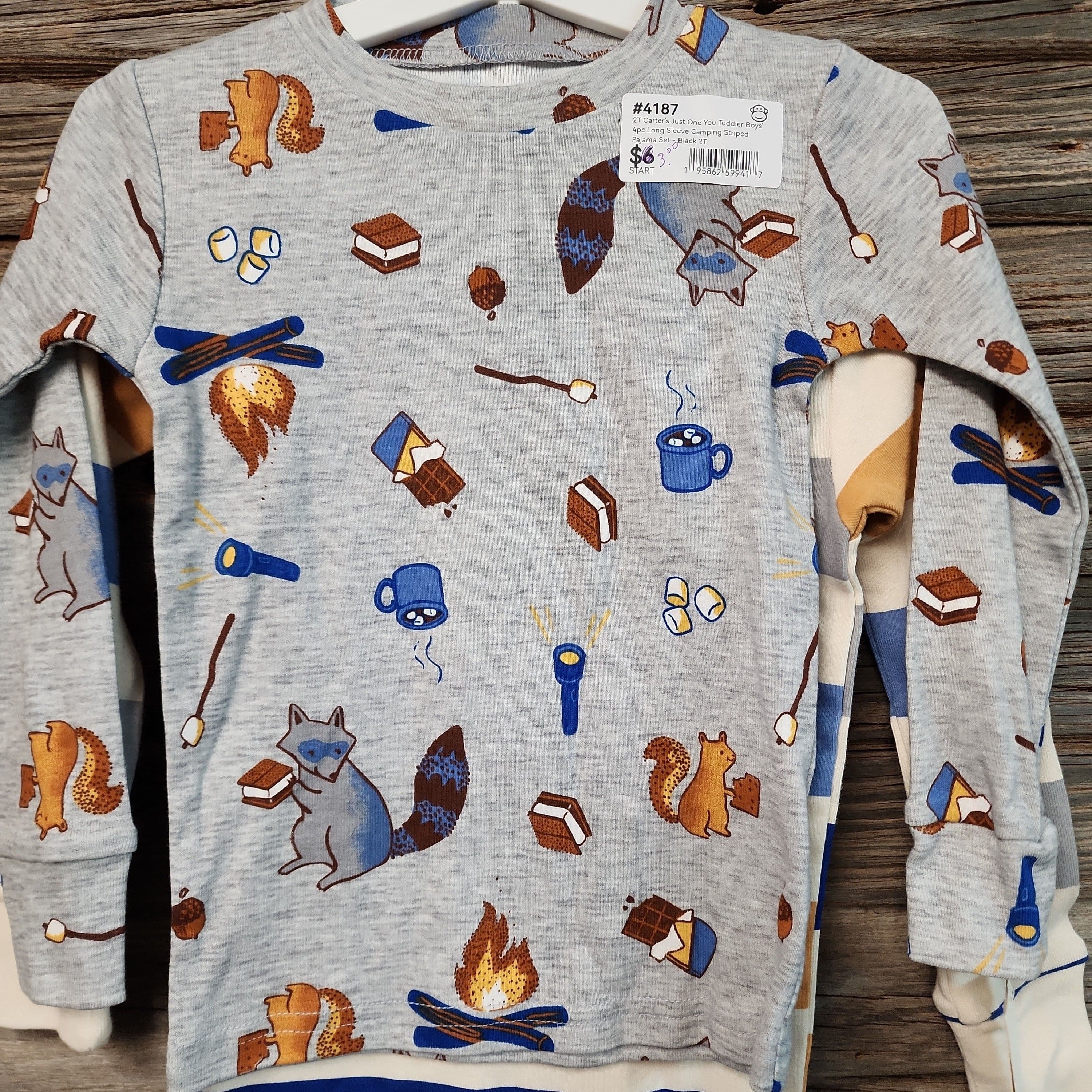 #4187 2T Carter's Just One You Toddler Boys' 4pc Long Sleeve Camping Striped Pajama Set - Black - Default