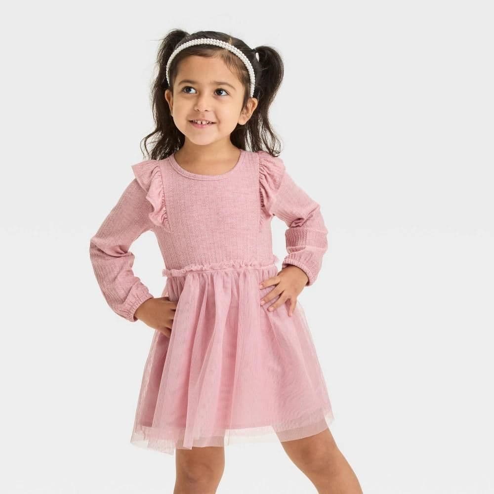 #1893 12M Toddler Girls' Long Sleeve Solid KnitTulle Dress - Cat & Jack Rose Pink - Default