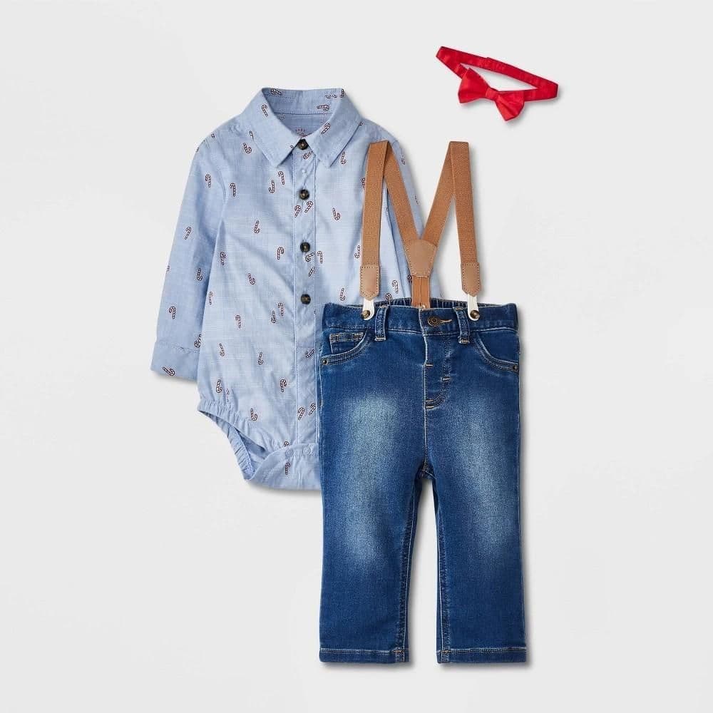 #3527 0-3M Baby Boys' Christmas Candy Cane 3pc Suspender Set - Cat & Jack Blue - Default