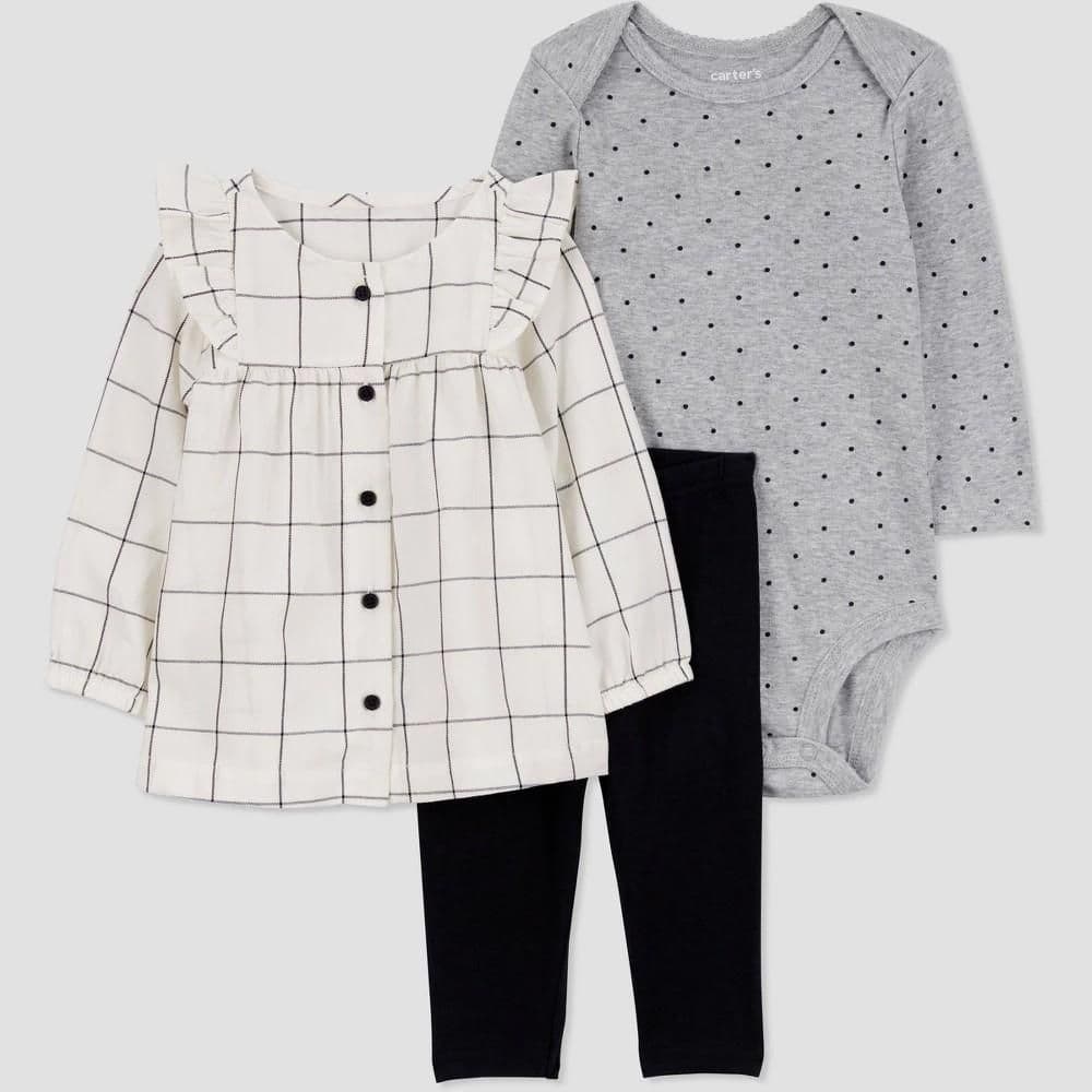 #8098 3M Carter's Just One You Baby Girls' Polka Dot 3pc Top & Bottom Set - White - Default