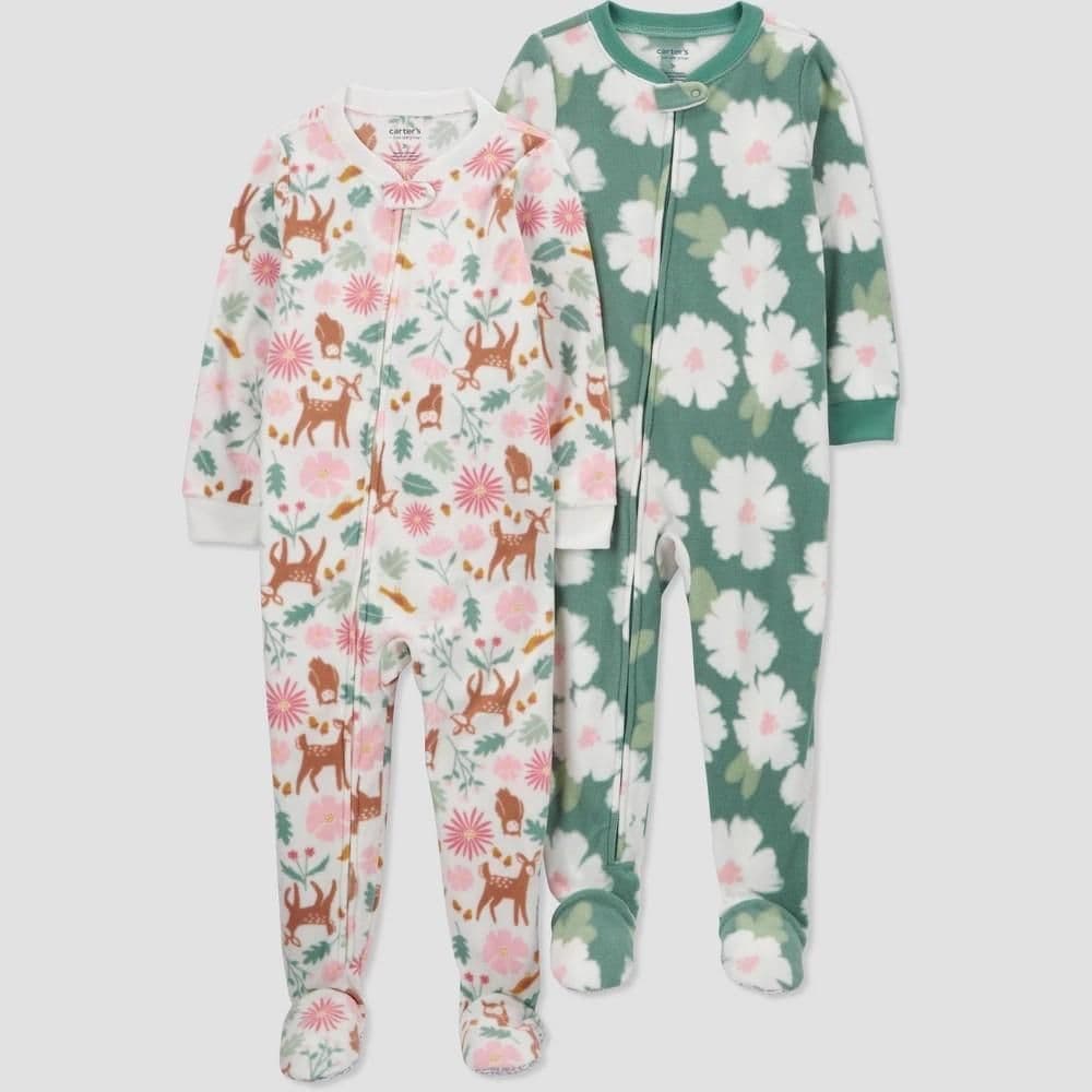 #9102 5T Carter's Just One You Toddler Girls' Animals and Floral Fleece Footed Pajama - White/Sage Green/Pink - Default