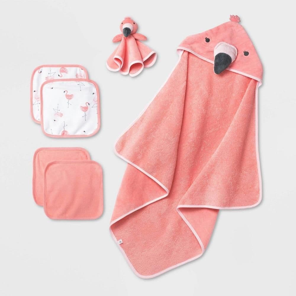 #9233 Baby 6pk Bath Towel Gift Bundle - Cloud Island Coral Pink: Lightweight Cotton & Recycled Polyester, Flamingo Pattern - Default