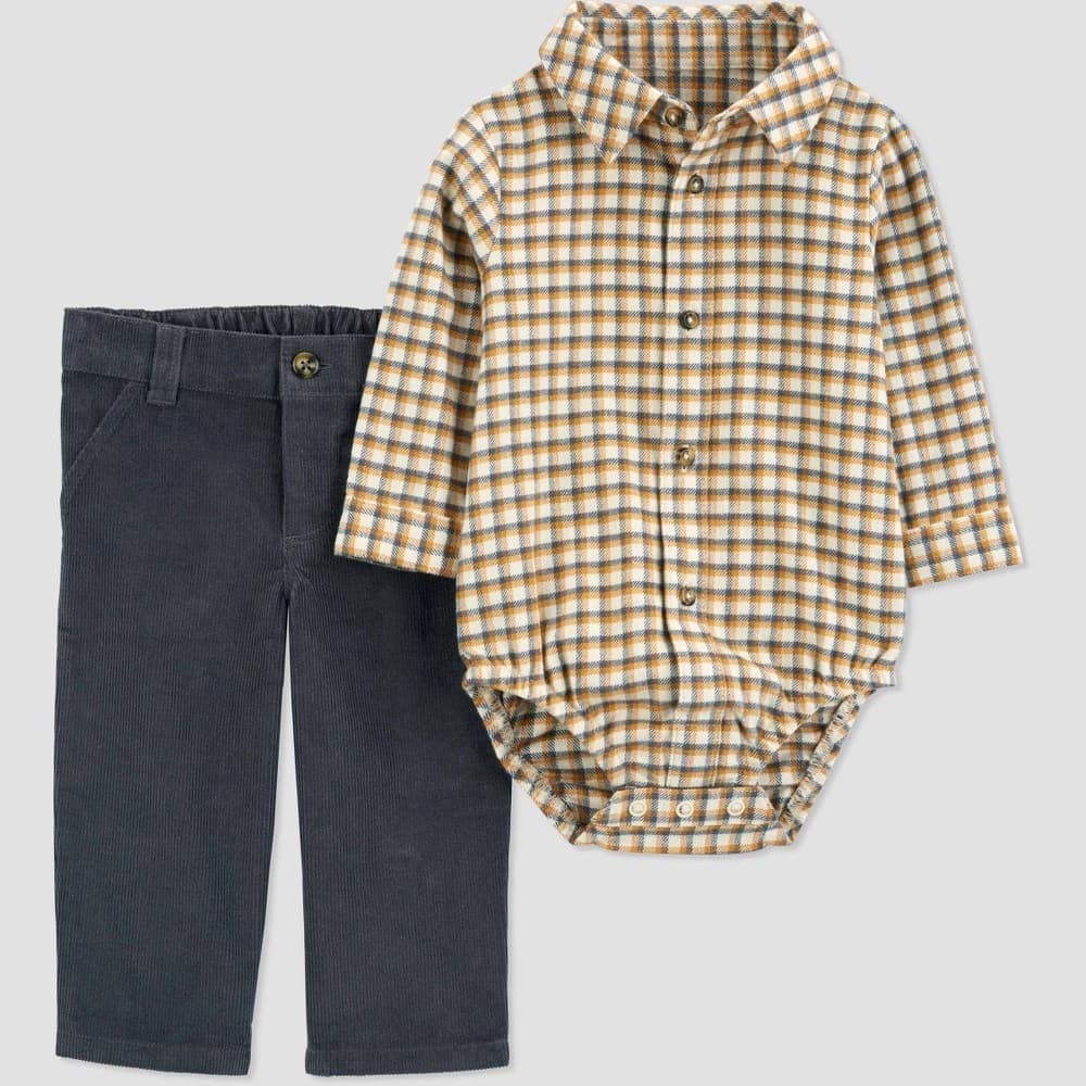 #1016 Newborn Carter's Baby Boys' 2pc PlaidTop & Pants Set - Brown - Default