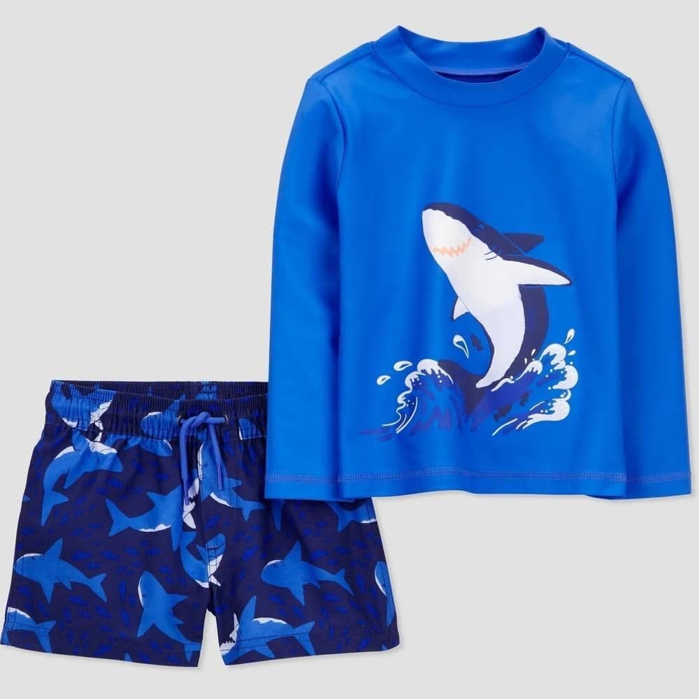 #8656 2T Carter's Just One You Toddler Boys' Long Sleeve Sharks Printed Rash Guard Set - Navy Blue - Default