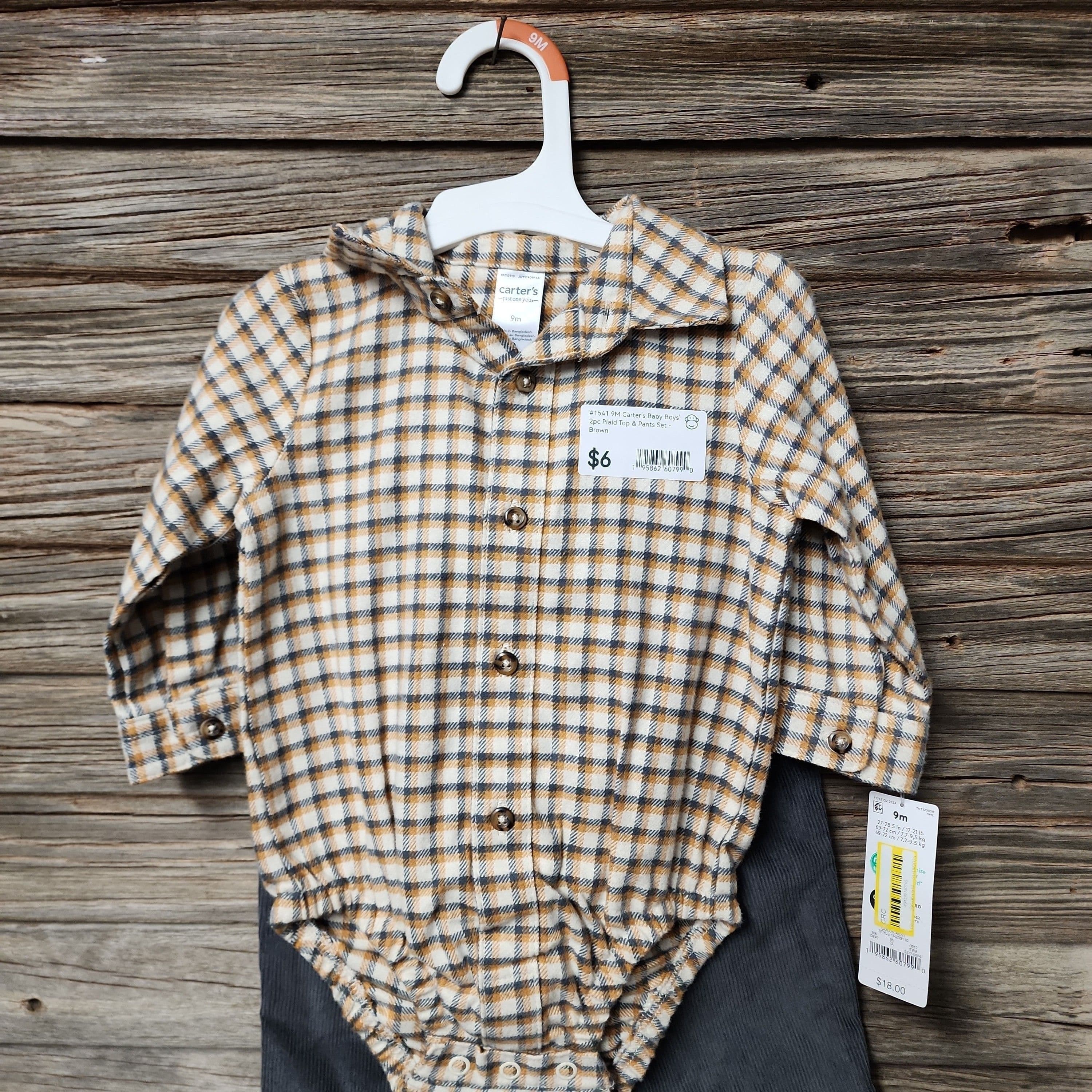 #1541 9M Carter's Baby Boys' 2pc PlaidTop & Pants Set - Brown - Default