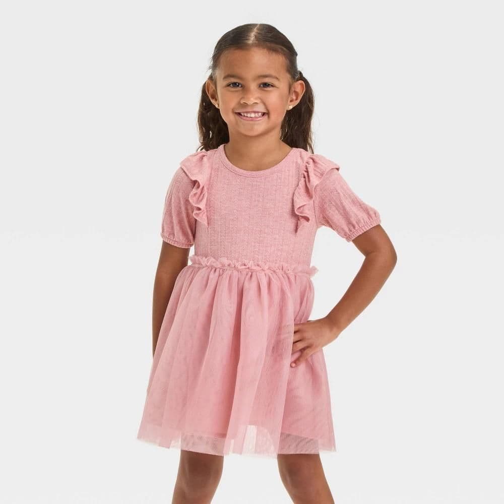 #4486 3T Toddler Girls' Short Sleeve Knit Tulle Dress - Cat & Jack Rose Pink - Default