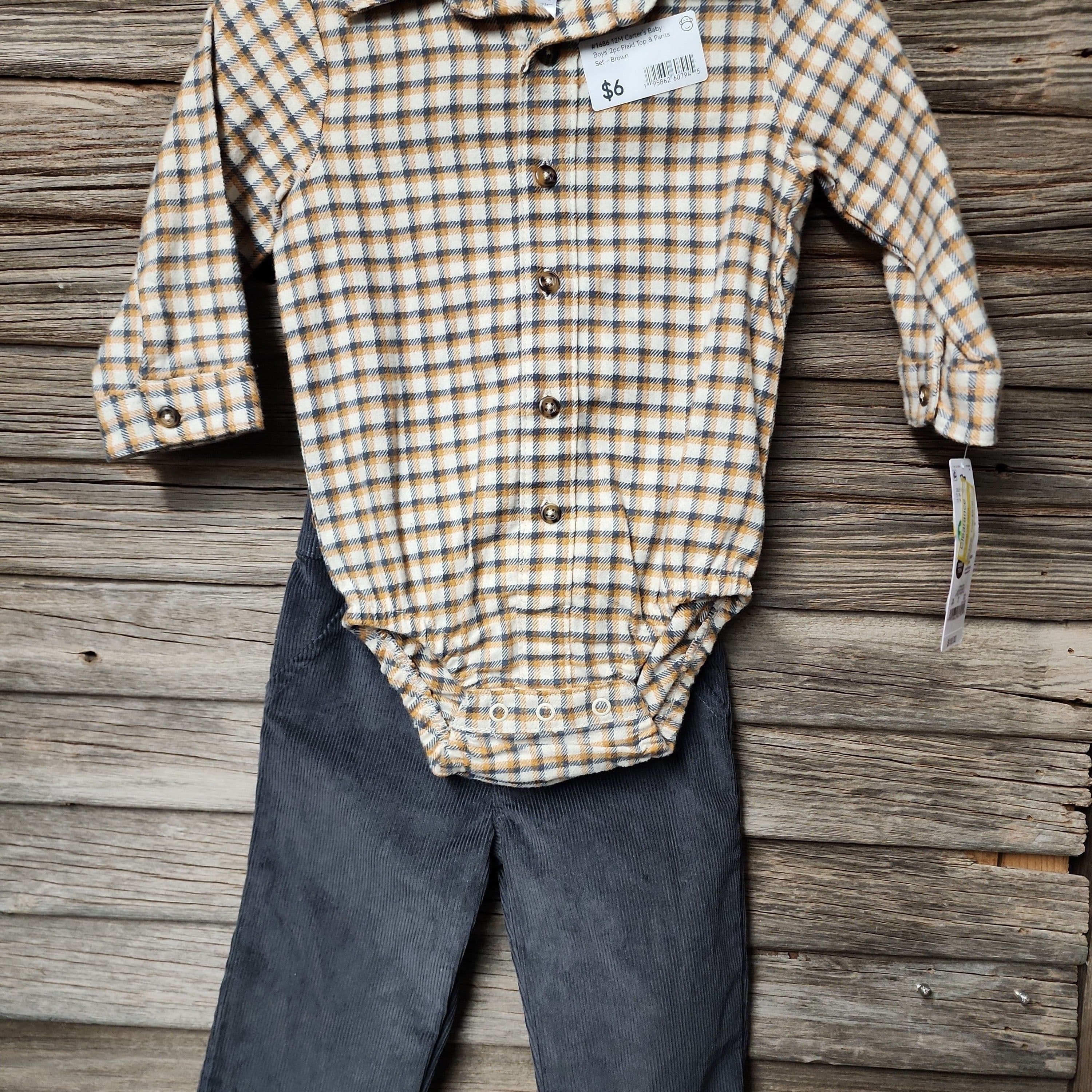 #1686 12M Carter's Baby Boys' 2pc PlaidTop & Pants Set - Brown - Default