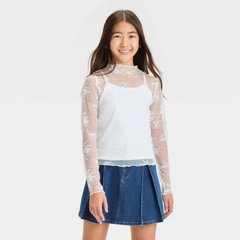 #5807 XXL Girls' Long Sleeve Lack Mockneck Shirt - art class White - Default