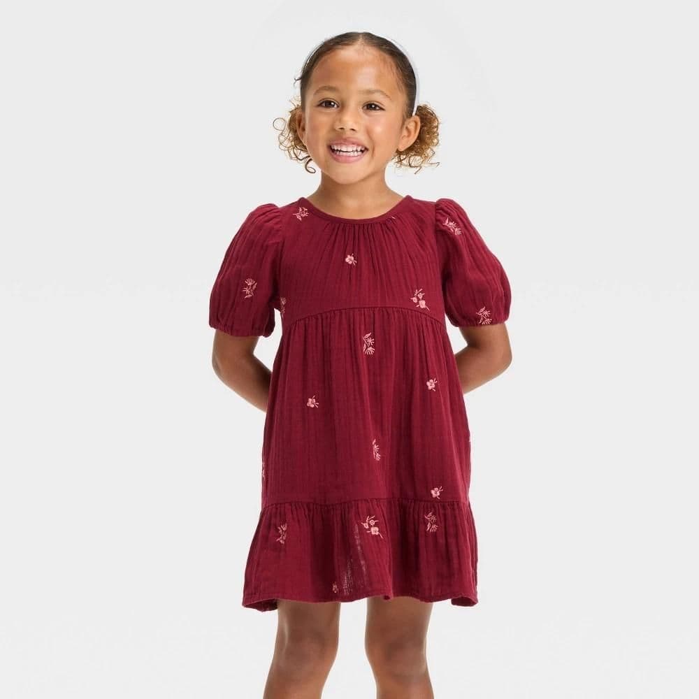 #3018 4T Toddler Girls' Floral Short Sleeve Dress - Cat & Jack Dark Red - Default
