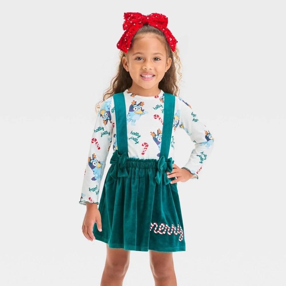 #4437 3T Toddler Girls' Bluey Christmas 2pc Long SleeveTop and Skirtall Set - Green - Default