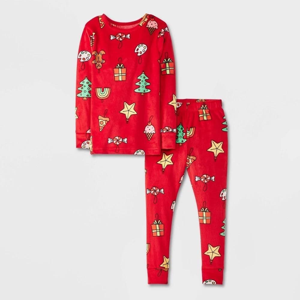 #2876 4T Toddler 2pc Snuggly Soft Snug Fit Christmas Ornaments Pajama Set - Cat & Jack Red - Default