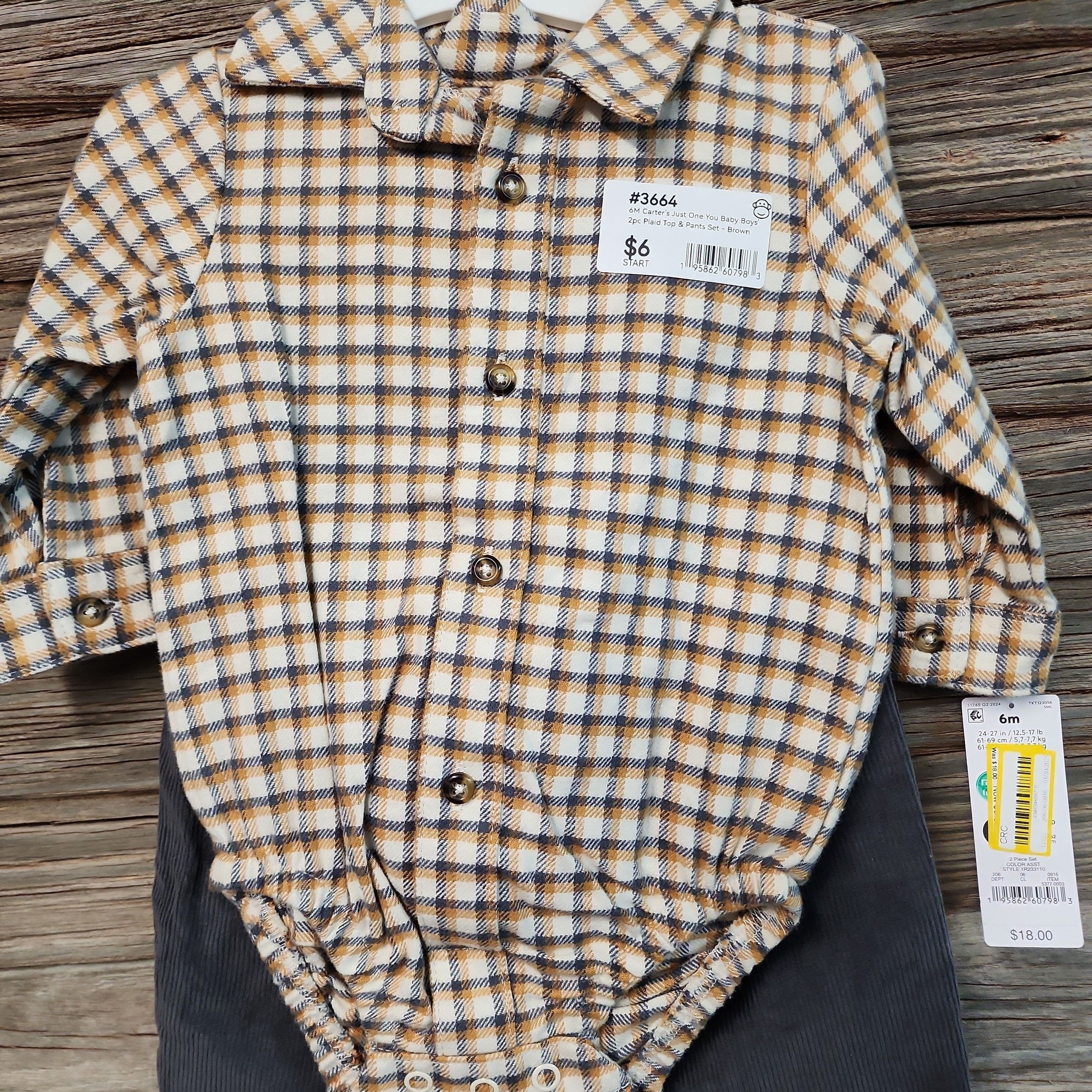 #3664 6M Carter's Baby Boys' 2pc PlaidTop & Pants Set - Brown - Default