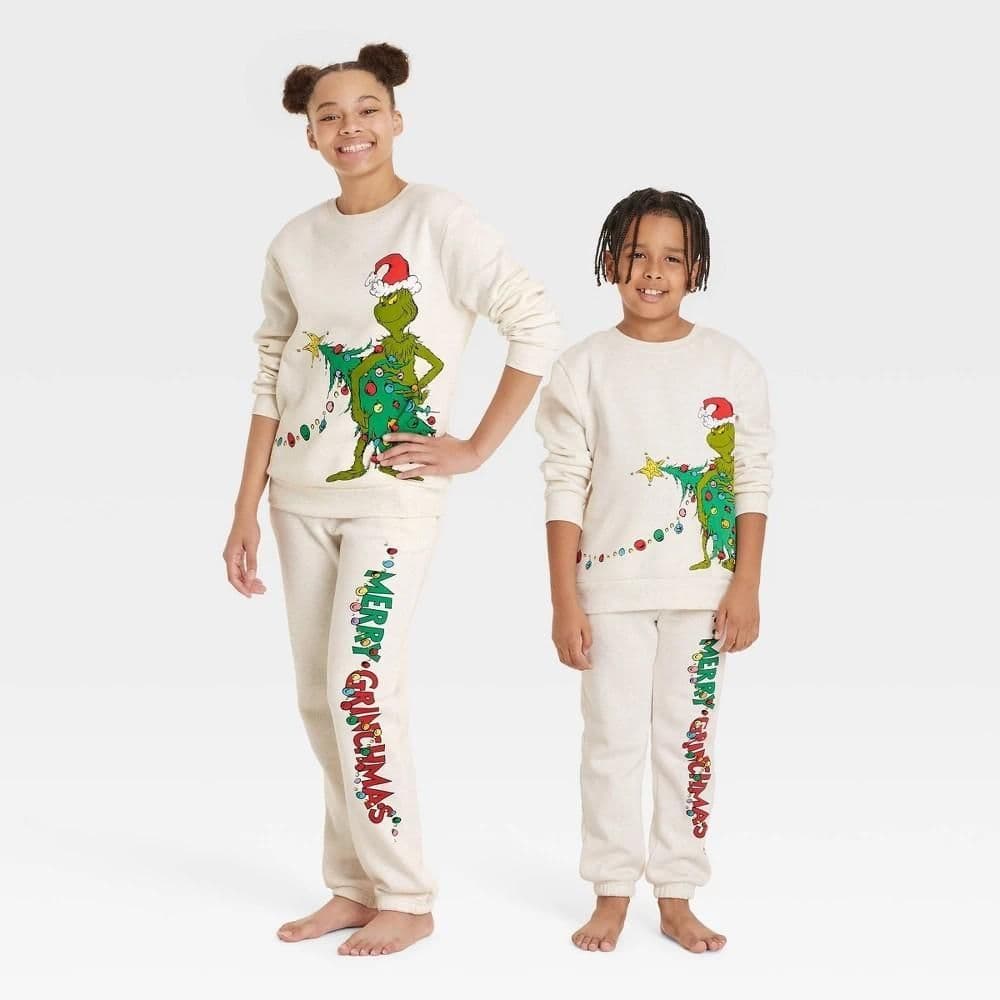 #5652 Large Kids' The Grinch Family Jogger Pants - Oatmeal Beige - Default