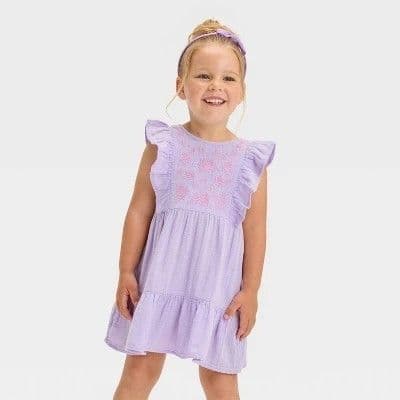 #0860 12M Toddler Girls' Ruffle Embroidered Floral Dress - Cat & Jack Lavender - Default