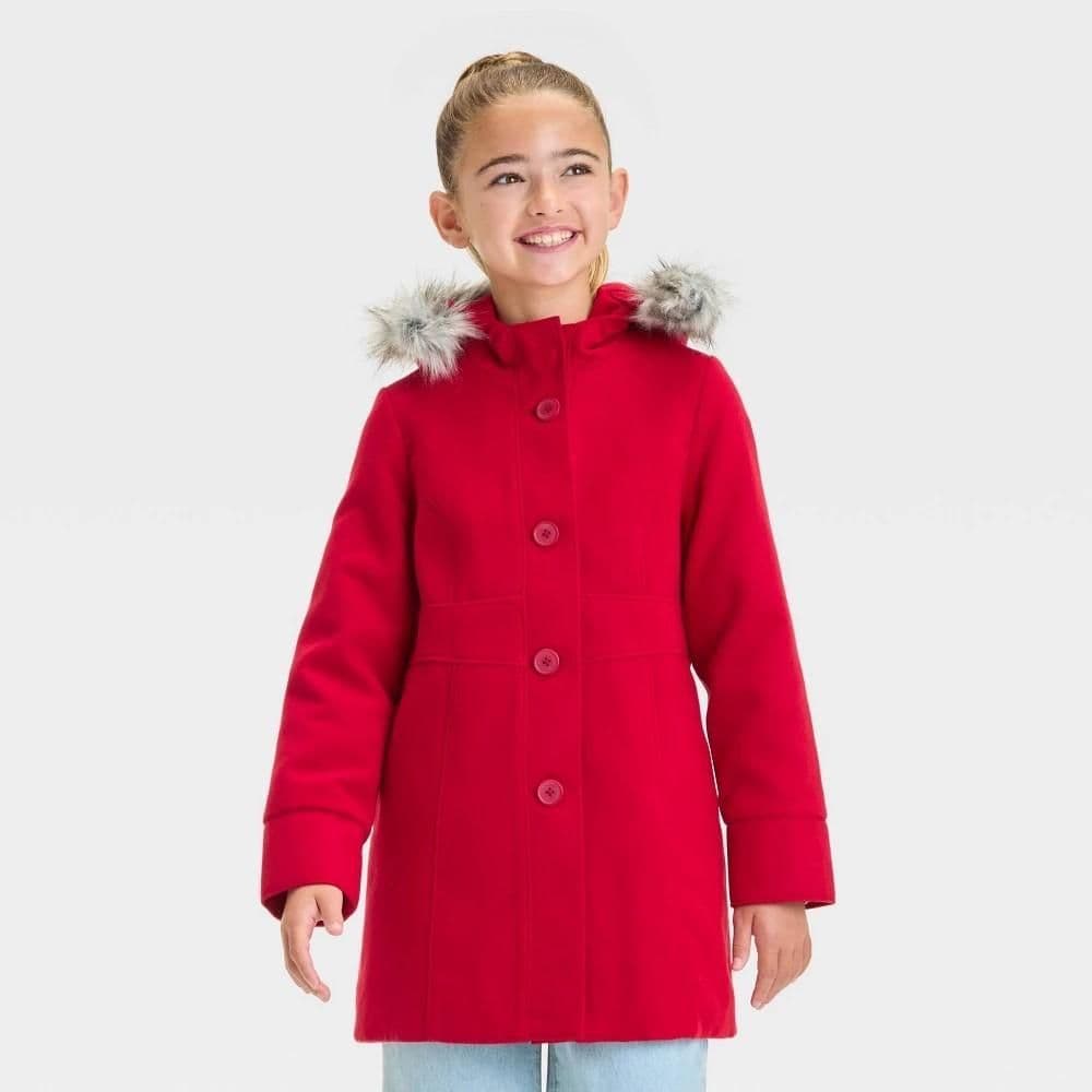 #5178 Small Girls' Solid Faux Fur Jacket - Cat & Jack Red - Default
