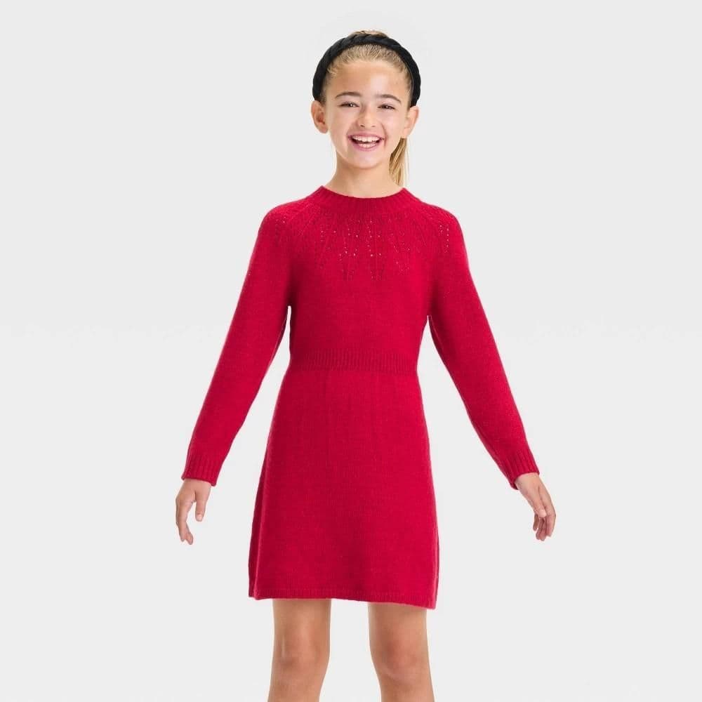 #5594 Large Girls' Pointelle Long Sleeve Sweater Dress - Cat & Jack Dark Red - Default