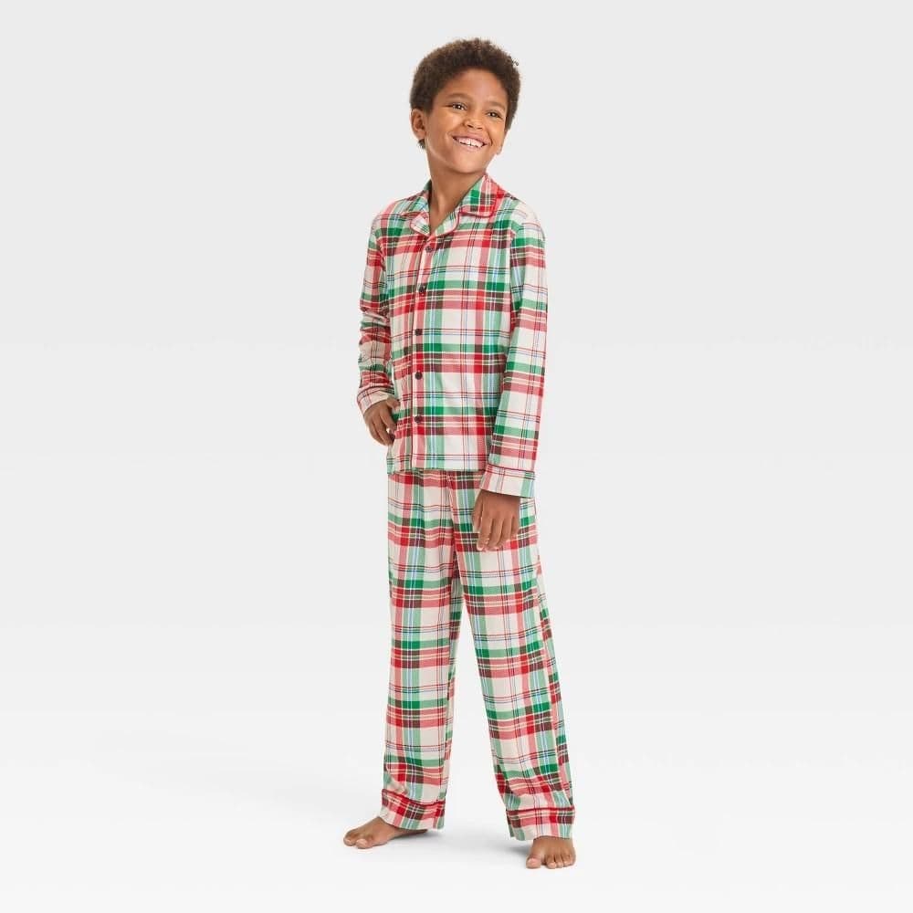 #5057 Small Boys' 2pc 'Plaid' Long Sleeve Coat Pajama Set - Cat & Jack Cream - Default